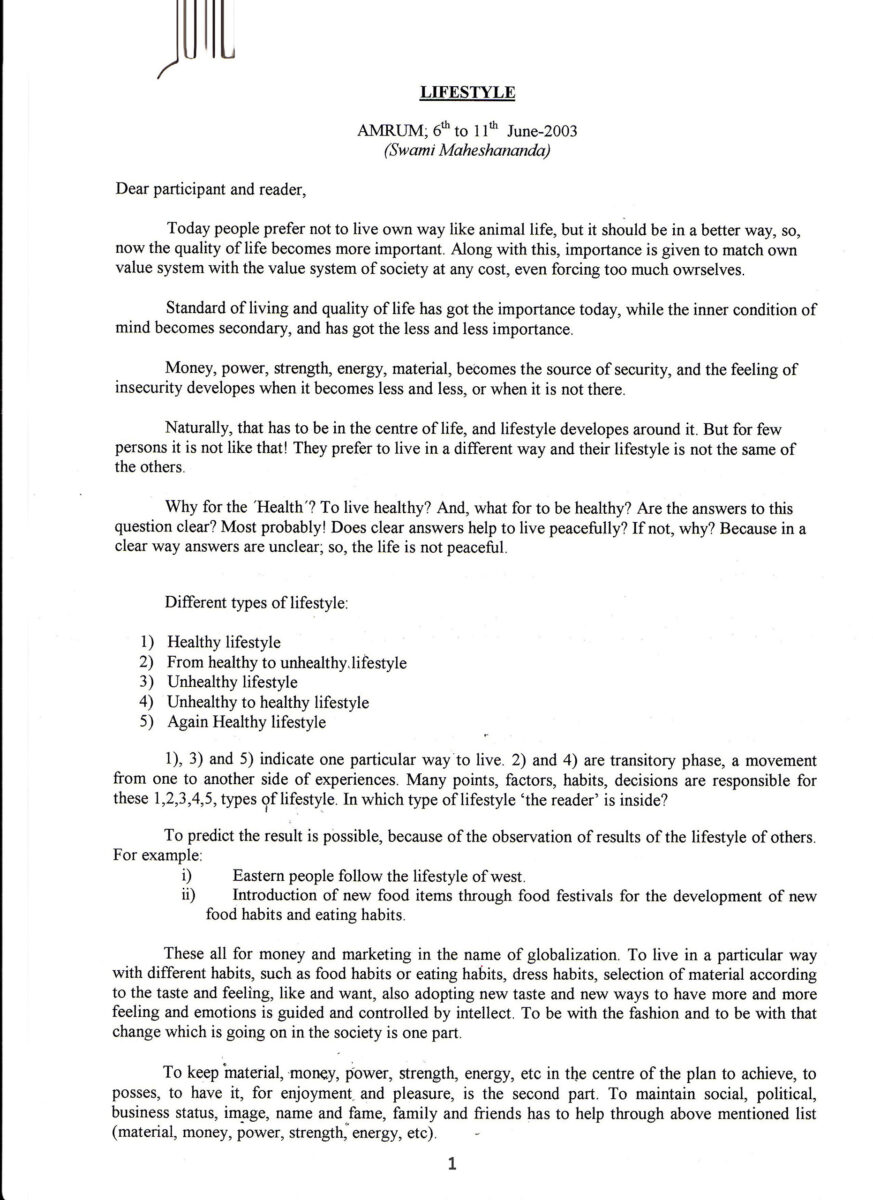 Page 1 of Lifestyle document by Swami Maheshananda